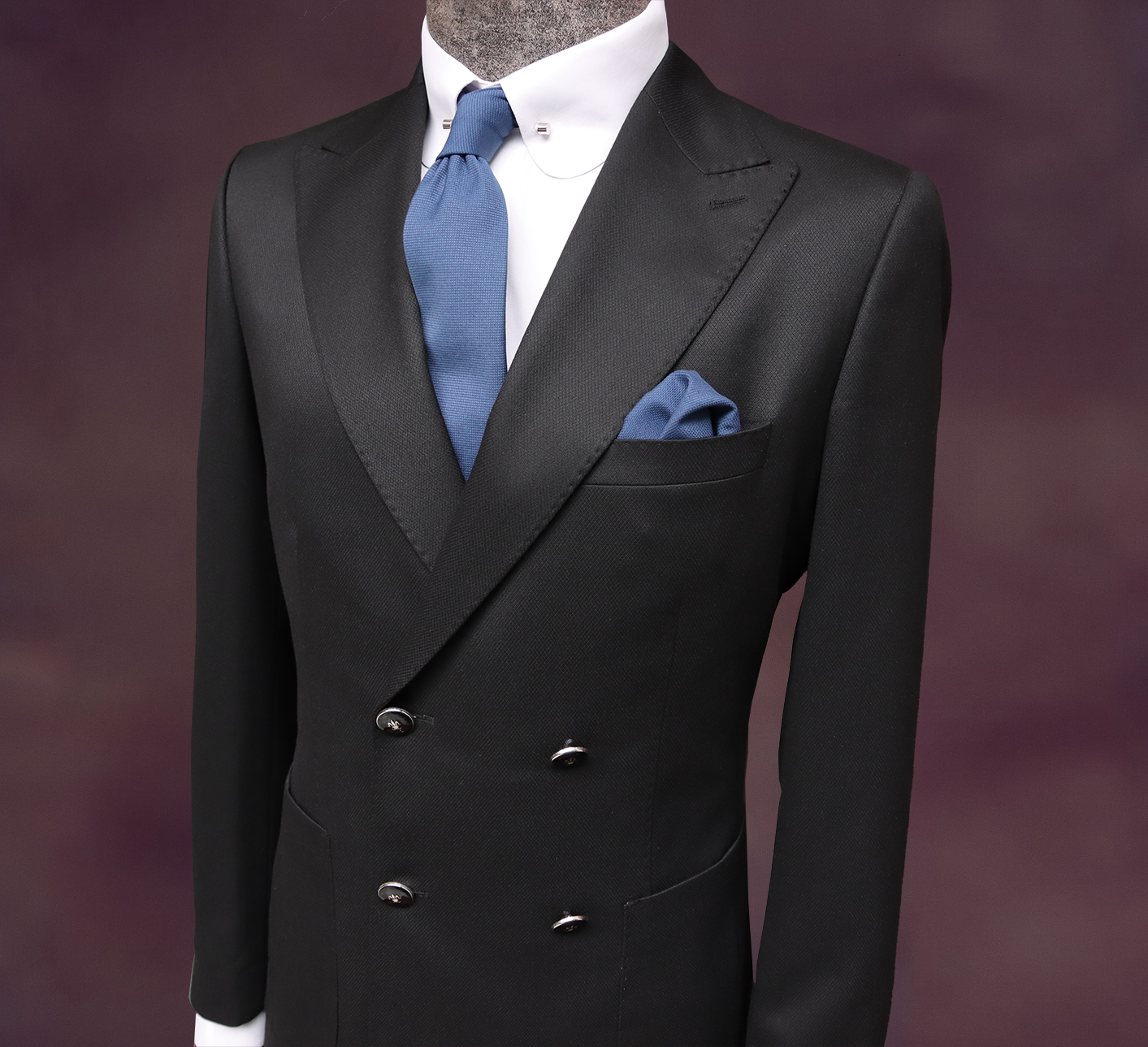Black Four Buttons Double Breasted Suit