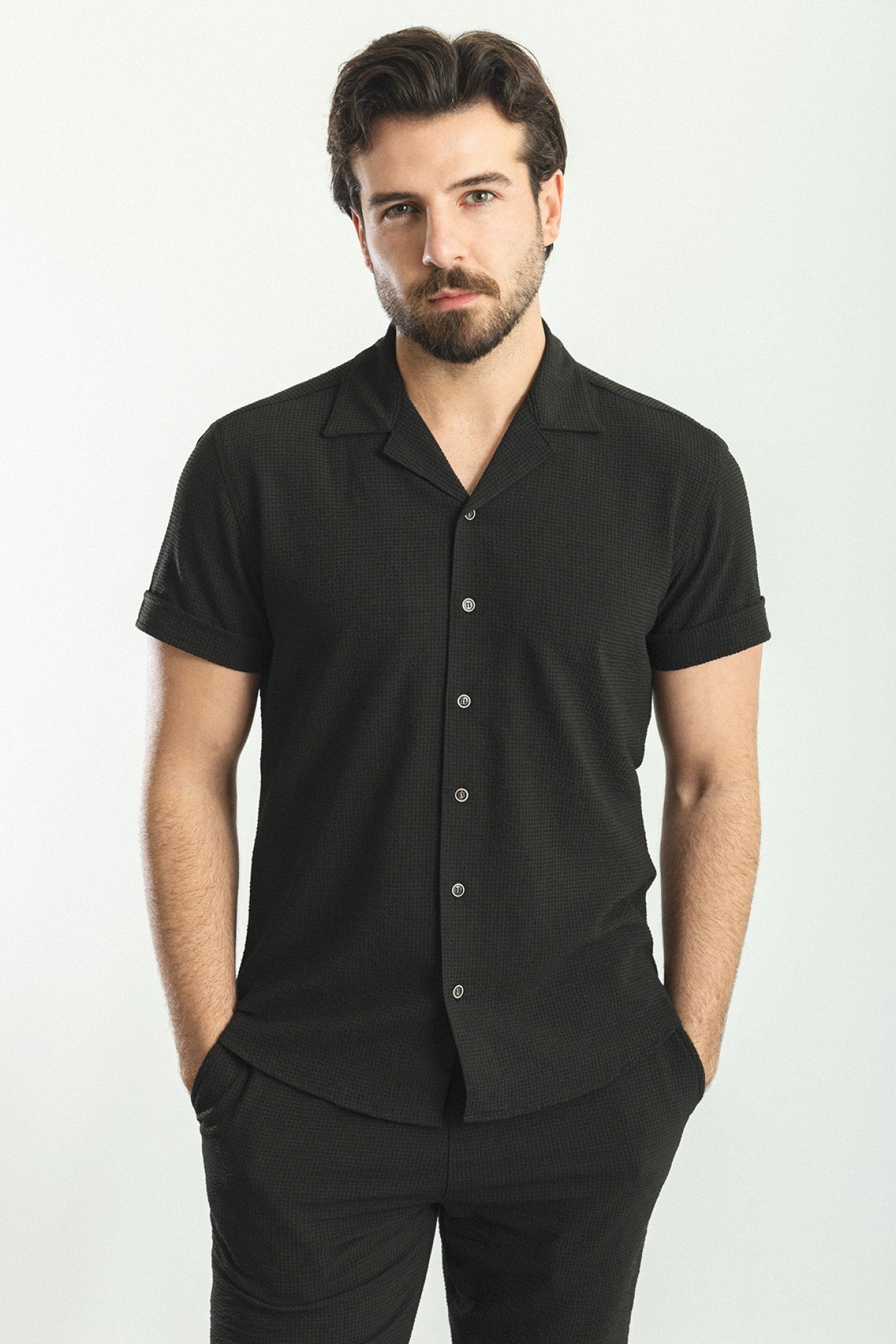 Dobby Black Shirt And Short Set