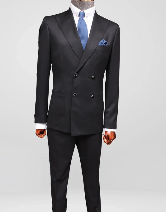 Black Four Buttons Double Breasted Suit