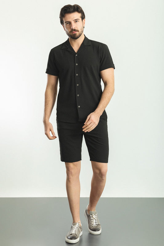 Dobby Black Shirt And Short Set